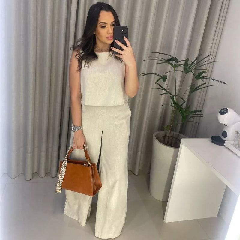 Conjunto Alfaiataria Social Feminino Calça e Blusa em Linho
