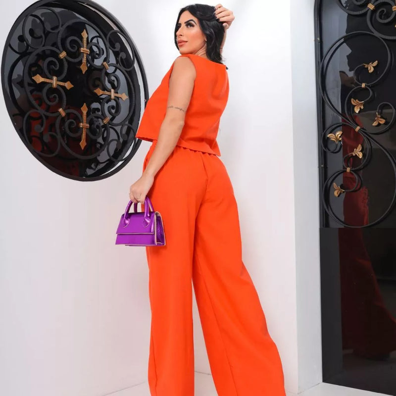Conjunto Alfaiataria Social Feminino Calça e Blusa em Linho