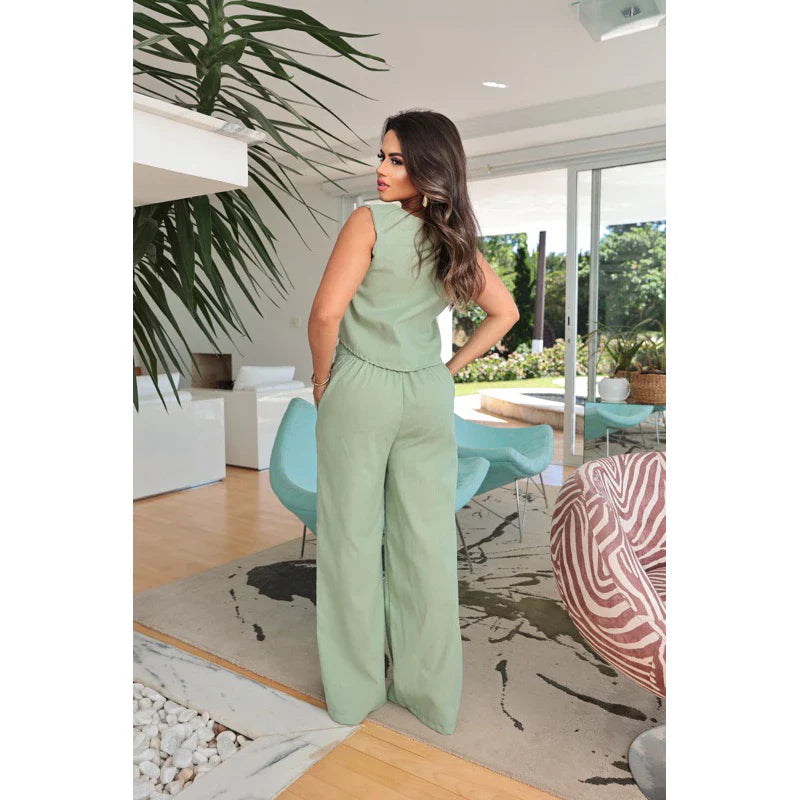Conjunto Alfaiataria Social Feminino Calça e Blusa em Linho