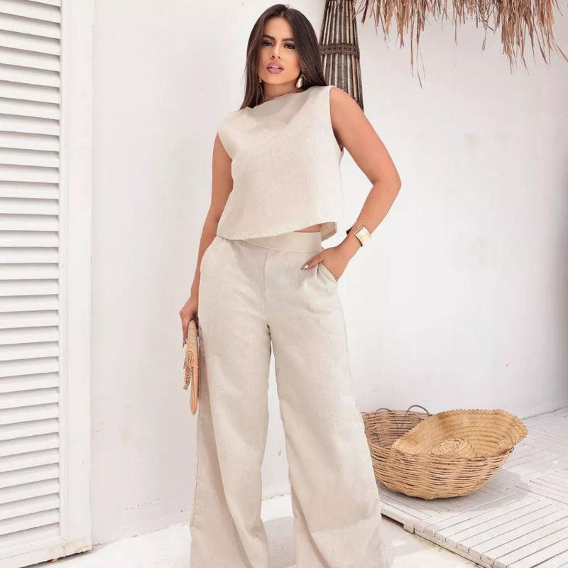 Conjunto Alfaiataria Social Feminino Calça e Blusa em Linho