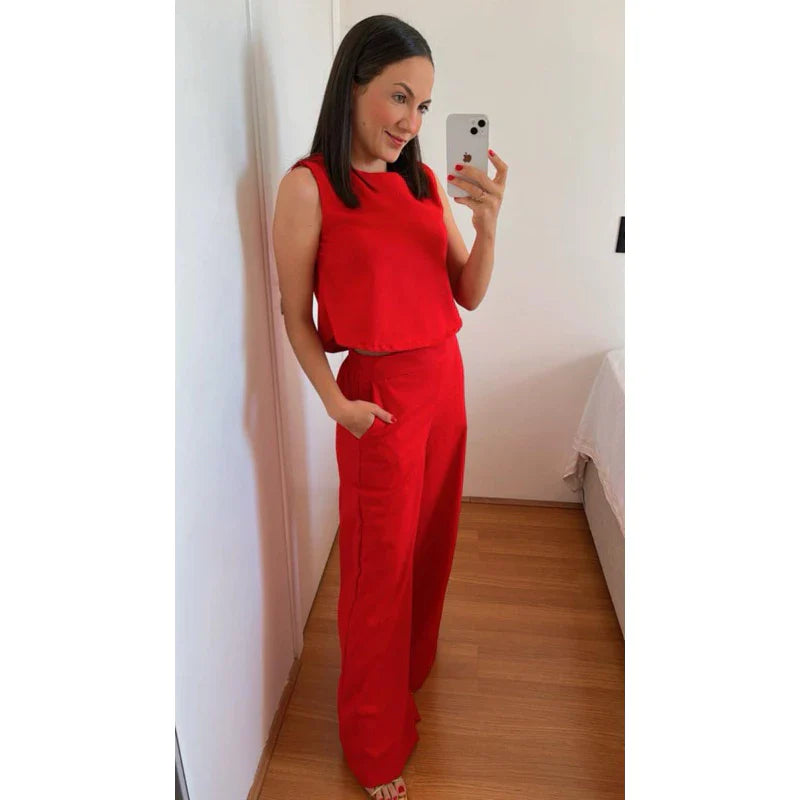 Conjunto Alfaiataria Social Feminino Calça e Blusa em Linho