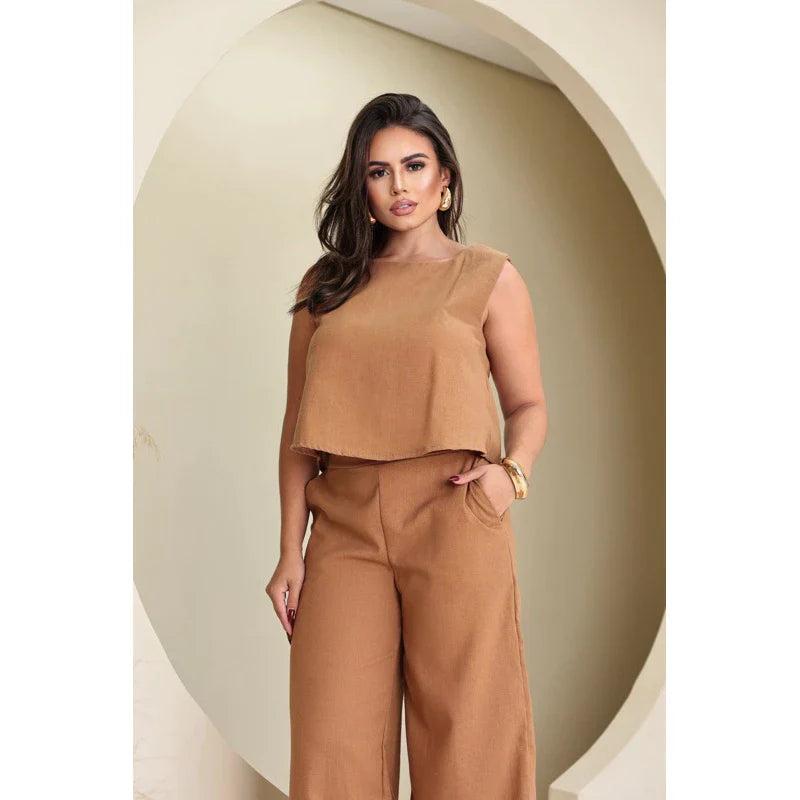 Conjunto Alfaiataria Social Feminino Calça e Blusa em Linho