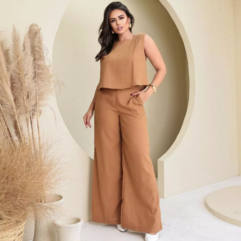 Conjunto Alfaiataria Social Feminino Calça e Blusa em Linho