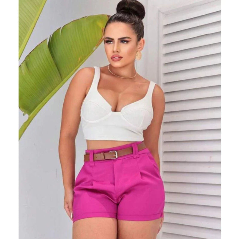 Short Feminino Alfaiataria Social com Cinto Cintura Alta