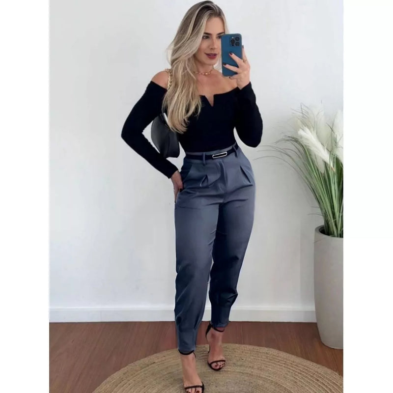 Calça Alfaiataria Feminina Cintura Alta com Pences