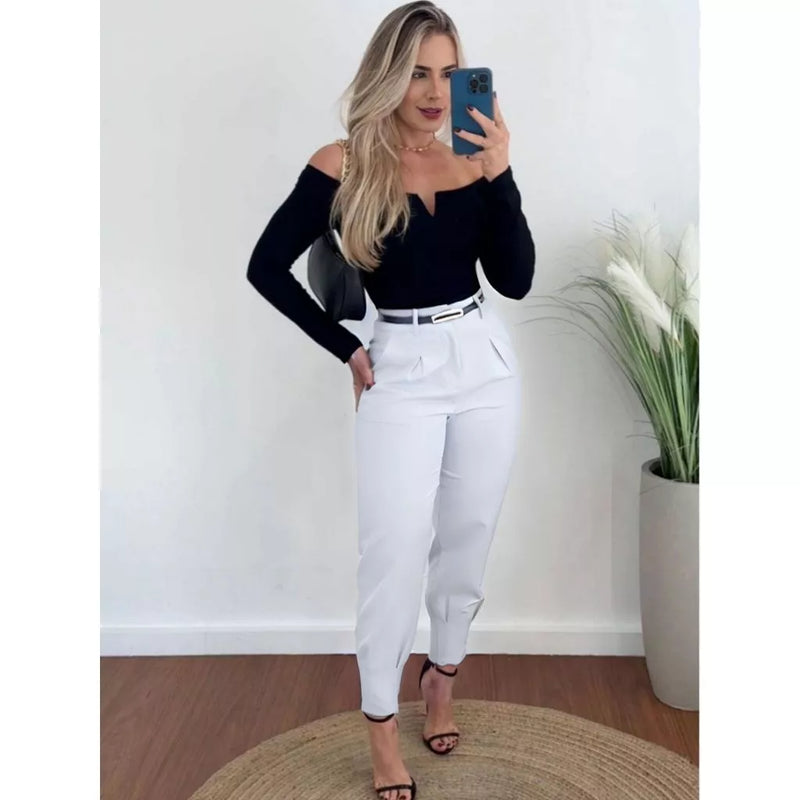 Calça Alfaiataria Feminina Cintura Alta com Pences